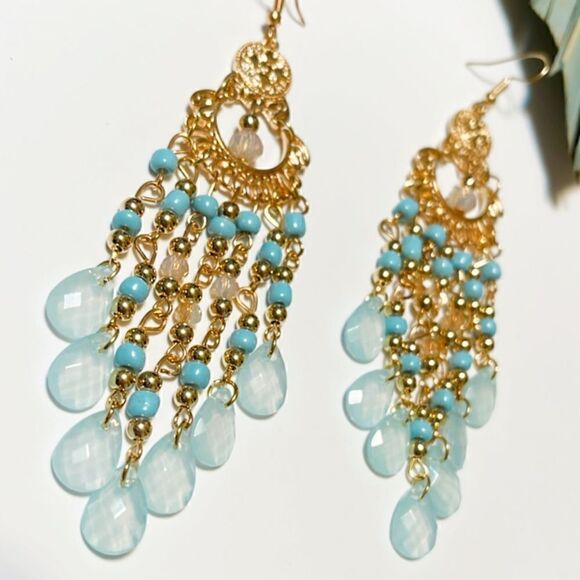Blue Crystal drop earrings in gold #510 - Picture 3 of 7